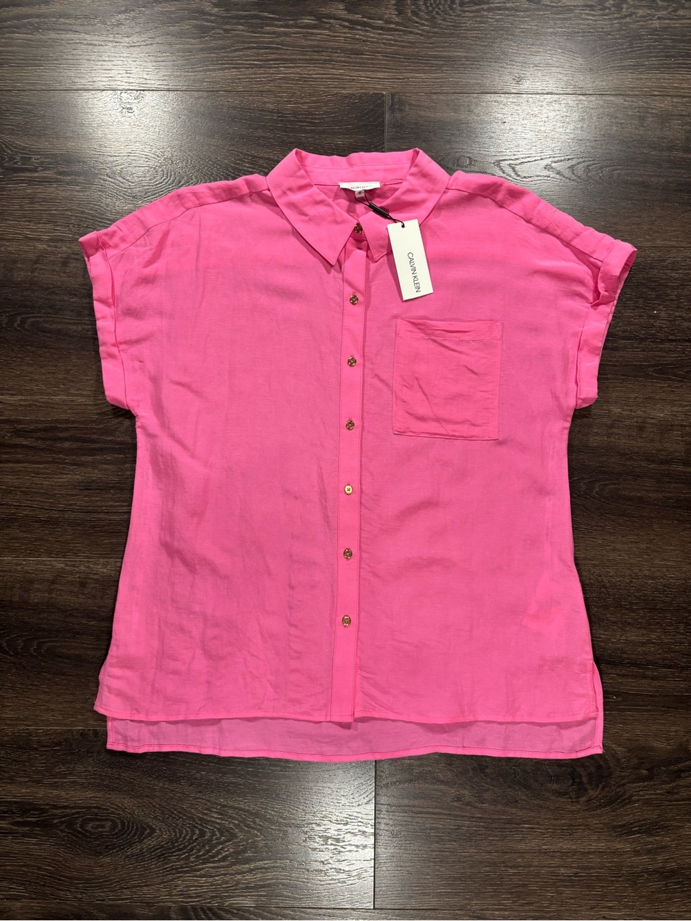 Petite Button-Front Short Sleeve Blouse - Pink